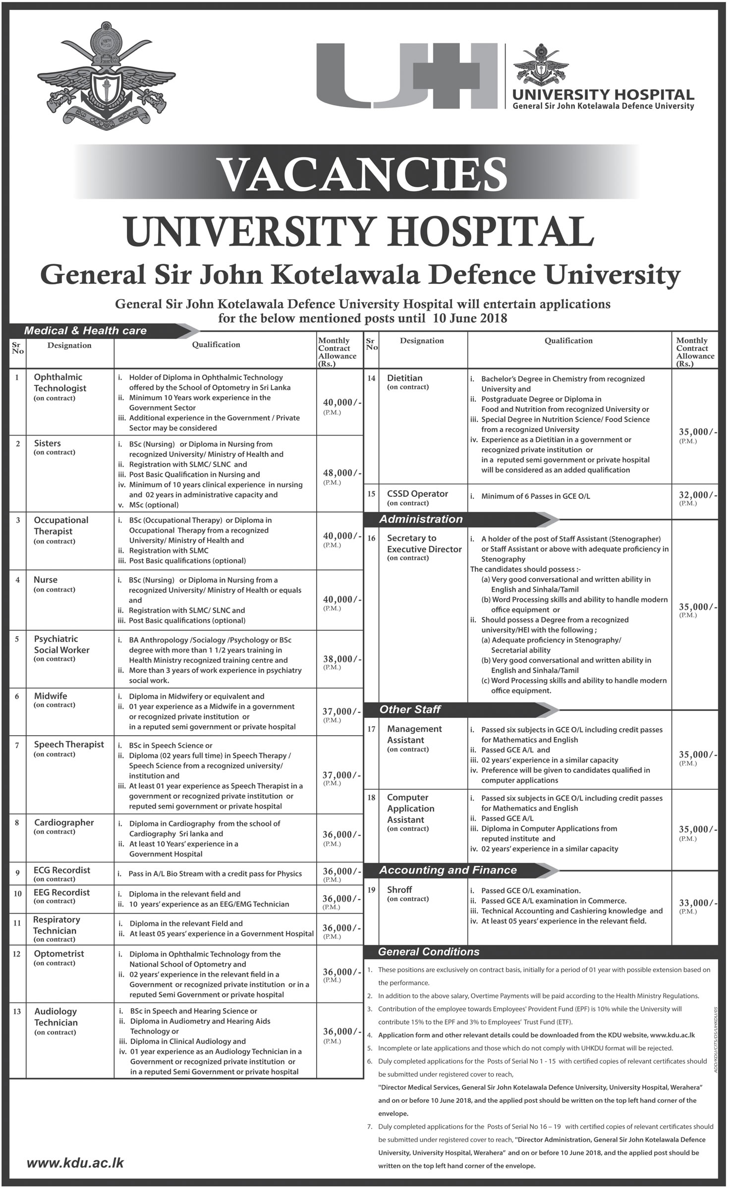 Management Assistant, Computer Application Assistant, Shroff, Ophthalmic Technologist, Sister, Occupational Therapist, Nurse, Psychiatric Social Worker, Midwife, Speech Therapist, Cardiographer, ECG Recordist, Respiratory Technician, Optometrist, Audiology Technician, Dietitian, CSSD Operator - General Sir John Kotelawala Defence University